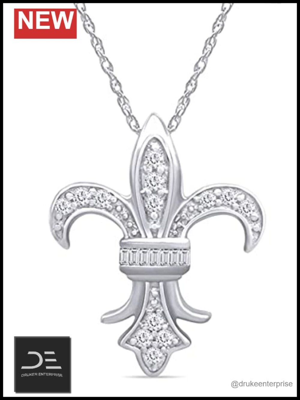 Sterling Silver Fleur-de-Lis Pendant Necklace with White Cubic Zirconia